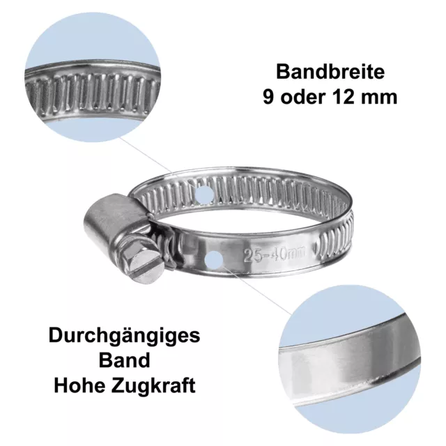 Schlauchschellen Edelstahl W2 o. W4 DIN 3017 V2A 8mm-210 mm Band 9mm / 12 mm 2