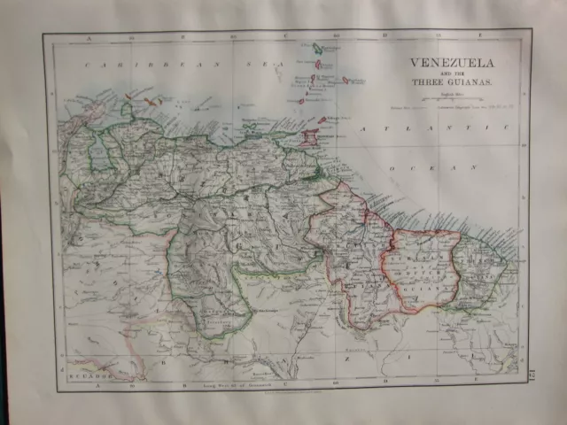 1900 Victorian Map ~ Venezuela Three Guianas Trinidad Bolivar