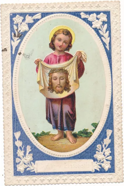 Andachtsbild Jesus m Veronikatuch i Vorahnung Prägebild mit Chromolitho um 1900