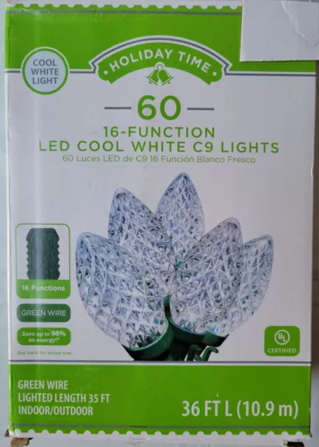 Holiday Time 60ct Faceted C9 16 Function LED Cool White Lights NEW 36ft