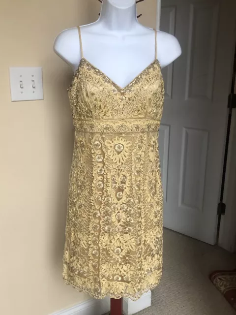 Sue Wong Nocturne Gold Sequin Beaded Sleeveless Cocktail Sheath Dress Size 8