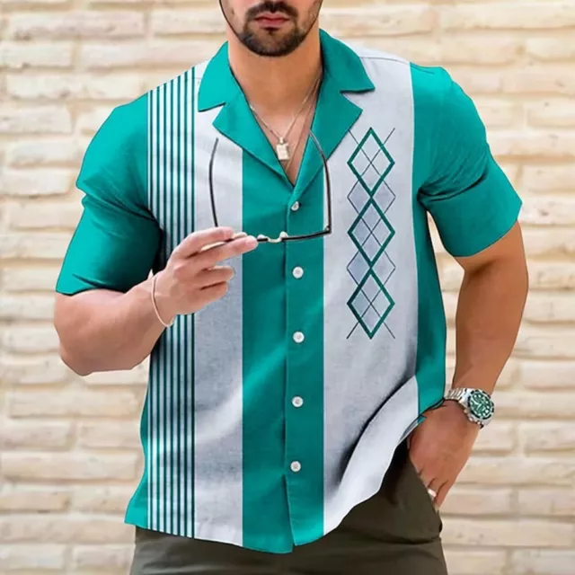 Mens Casual Vintage Bowling Shirt Retro Striped Short Sleeve Button Down Shirts