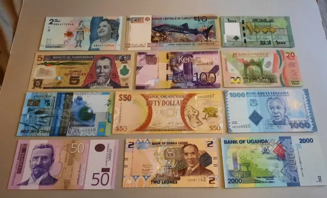 Collection Of 12 World Banknotes All Mint Uncirculated. Pack 5