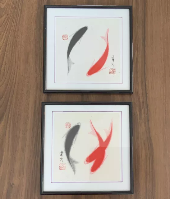Pair of Chinese Koi Carp Ink Paintings on Paper in Frames