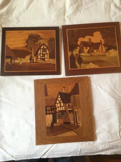 3 Finely Detailed Wood Wall Hanging Picture Art Marquetry Of Old Buildings