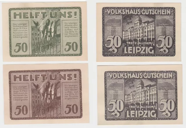 2 x  50 Pfennig Banknoten Notgeld Volkshaus-Gutschein Leipzig (154052)
