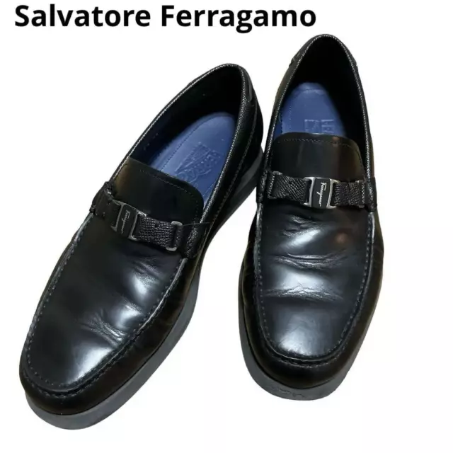 SALVATORE FERRAGAMO LOGO Plate Loafers Moccasin Shoes Black Leather Men ...