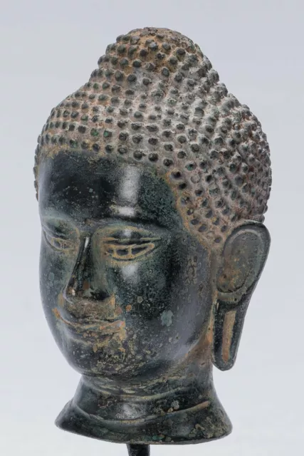 Buddha Statue - Antique Thai Style Mounted Bronze Buddha Head Statue - 15.5cm/6"