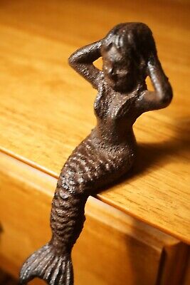 Rustic Cast Iron Nautical Mermaid Shelf Sitter Figurine Statue Beach Home Decor 2