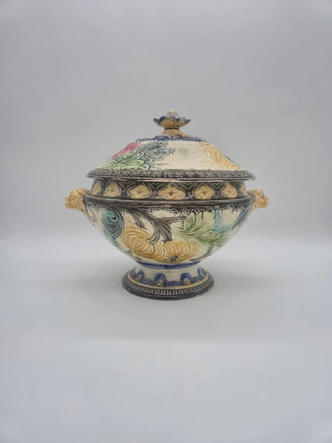 Soupière Melon Majolique Sarreguemines – Barbotine Jaune Et Vert, Couvercle, 1920-1949
