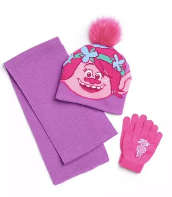 Nwt Girls 4-6x Dreamworks Trolls Poppy Hat Scarf And Glove Set