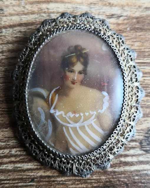 Broche Ancienne Double Portrait Femme En Métal Argenté - Bijou Vintage - Modèle F9
