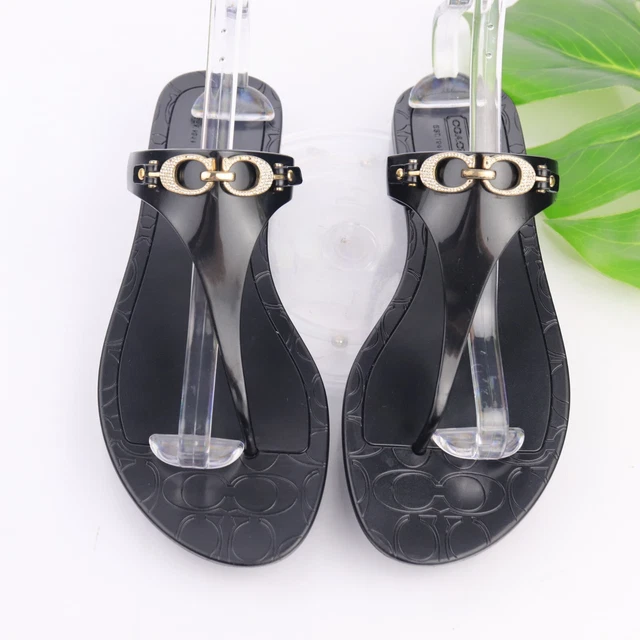 Coach Women's Pennie Sandal Size 10 Thong Slide Flip Flop Black Gold Logo Shoe
