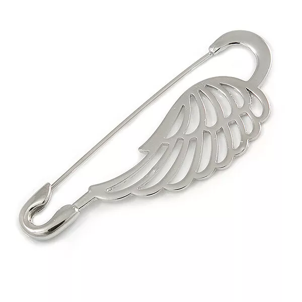60mm Tall Polished Silver Tone Wing Safety Pin Brooch 3