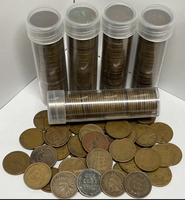 Shotgun Roll Of 50 Wheat Cent Pennies 1909-58 3 Indian & 1 Steel Each Unsearched