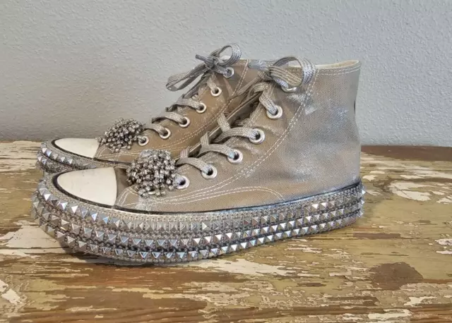 NEW Free People Nan Ku Cruise Studded Hi Top Sneakers Jeweled Gray Taupe 37