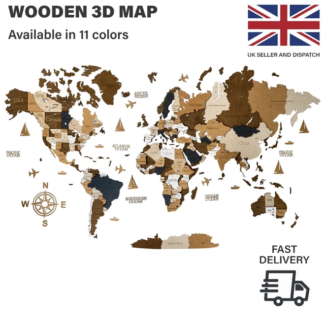 WOODEN WORLD MAP 3D Art Large Wall Decor Size (M , L , XL) Wall Art