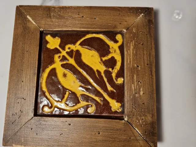 19thC Medieval TYPE slipware Encaustic  English Tile with a 2 birds.FRAMED