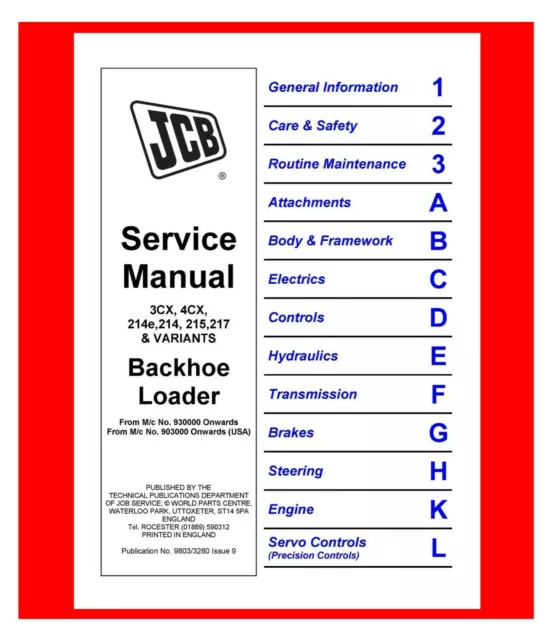 Backhoe Loader Workshop Manual Fits JCB 3CS, 4CX, 214e 214,215,217 & Variants