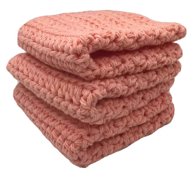 Set of 3 Kitchen Dish Bath Wash Cloths Crocheted Handmade Cotton Coral Peach 8”