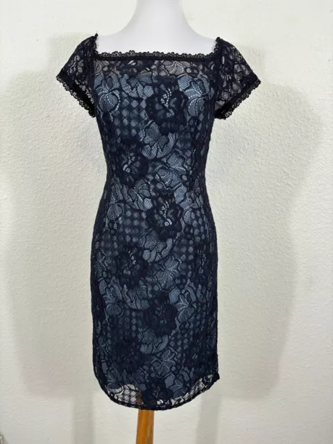 Adrianna Papell Dress Womens 8 Lace Sheath Blue Short Sleeve Cocktail Party