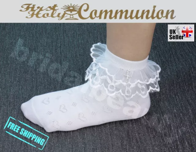 Flower Girls Frill Socks First Holy Communion Confirmation Pendant Cross Pageant