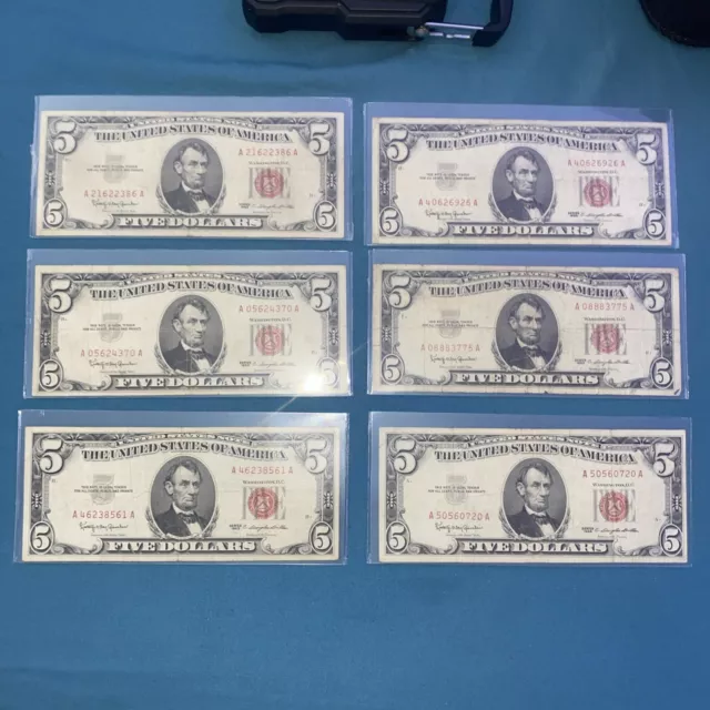 ☆$5 Five Dollar Red Seal Lincoln Dollars ☆Red Certificate Old Money☆ 1963☆