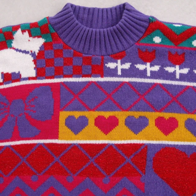 Vtg Scottie Dog Acrylic Sweater 1980s Womens L Heart Sparkle Purple Red Kawaii