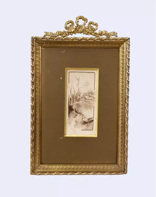 Old  Golden Bronze Louis Xvi Style  French  Picture Frame W/ Miniature