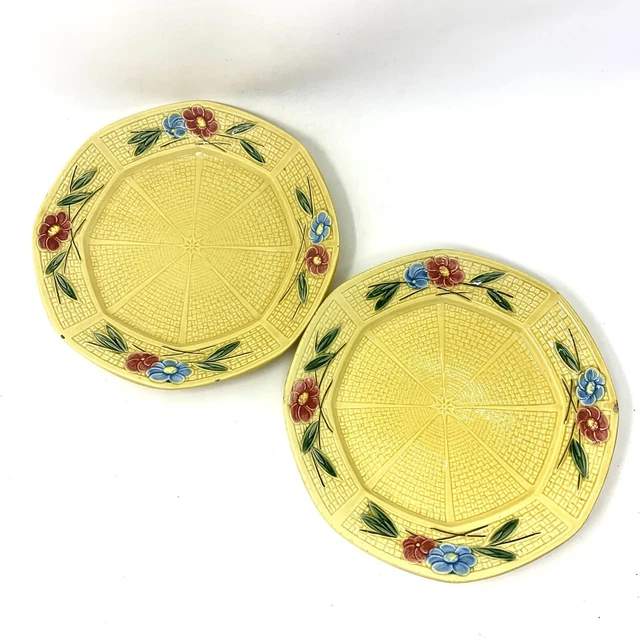 Germany Majolica LDB Co Salad Dessert Plate Basket Weave Pattern Yellow 2pc 9"
