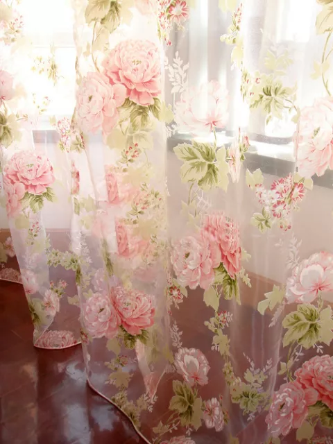 2 PCS Charming Country Style Pink Flower Sheer Voile Curtain Panel Drape