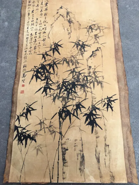 Chinese Rare Rice Paper Yarn Mesh Mural Zheng Banqiao Painting Bamboo