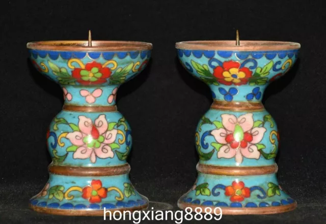 4.3" Old Cloisonne Enamel Bronze Flower Pattern Candle Holder Candlestick Pair