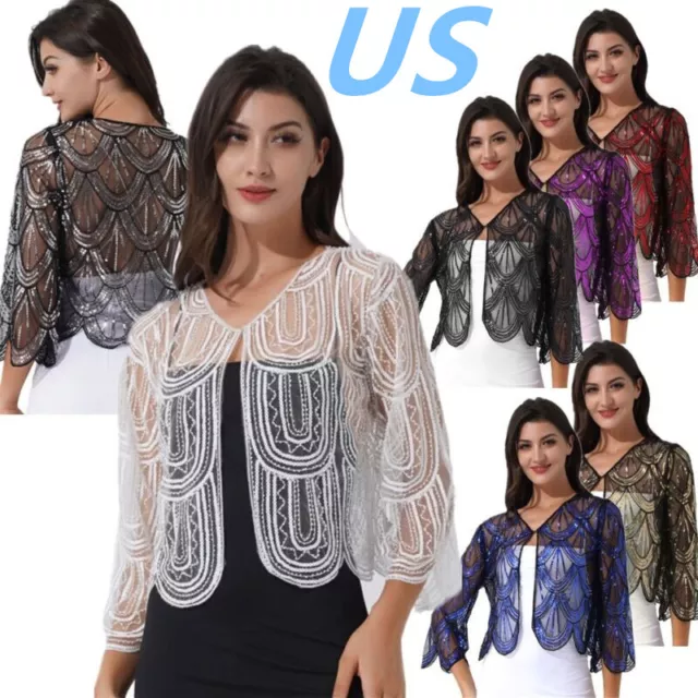 US Women Sequins Beads Bolero Shrug Cardigan Shawl Evening Party Dress Cover Up