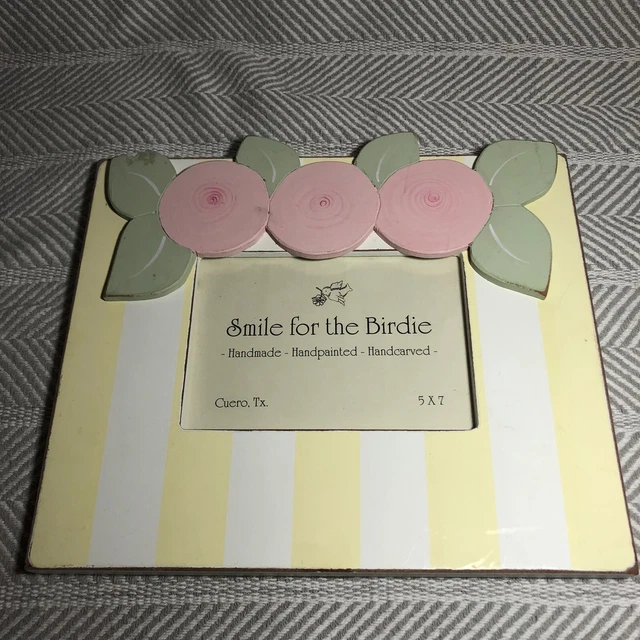 SMILE FOR THE BIRDIE Hand Painted-Hand Carved-Wood Frame 5x7 Yellow White Stripe