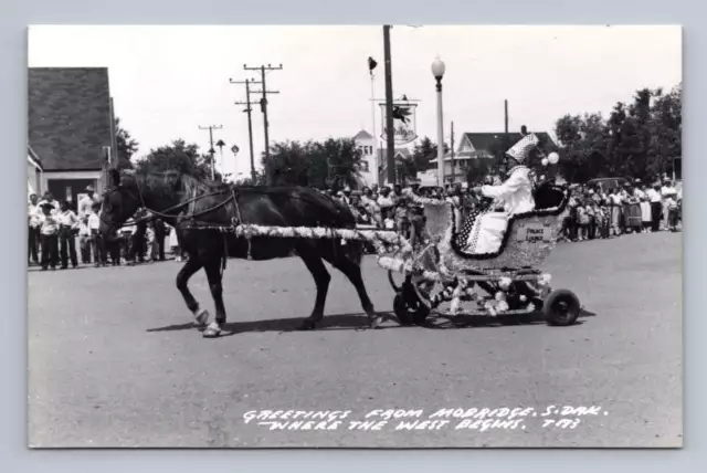 Horse Sled Parade Float & Mobil Gas Sign MOBRIDGE South Dakota RPPC Photo 1940s