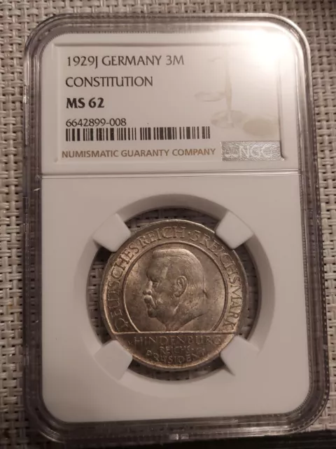 3M Reichsmark Weimarer Republik Schwurhand Hindenburg J 1929 NGC MS Silber