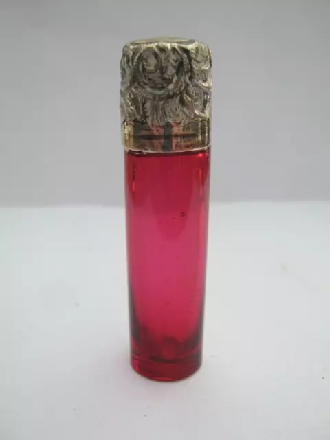 Antique Victorian Sterling Silver Cranberry Glass Perfume / Scent Bottle