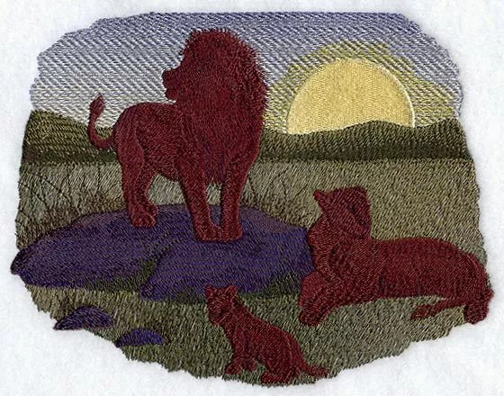 Embroidered Short-Sleeved T-Shirt - Lion Silhouette at Sunset A7150