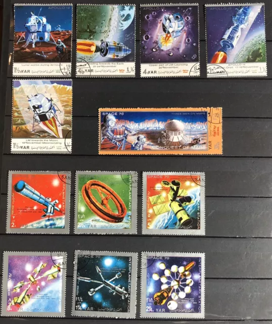 THÉMATIQUE ESPACE : YÉMEN, 12 Timbres Oblitérés, 1970, Y.A.R., Appolo 12