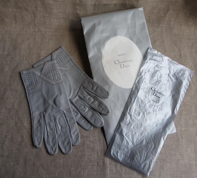Paire De Gants Christian Dior En Cuir Gris Clair - Vintage - Taille 7
