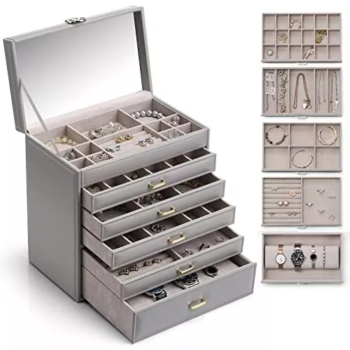Vlando Large Jewellery Box, 6 Layers Jewelry Case with Big Mirror & Luxury Metal