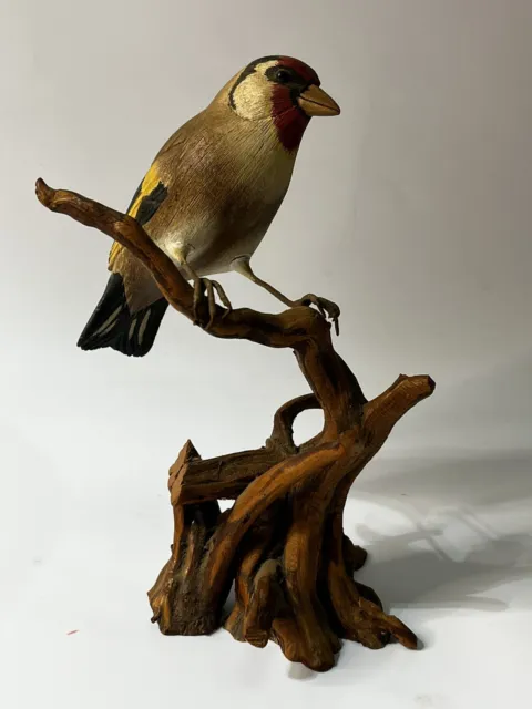 Vintage Wood Hand Carved & Painted European Goldfinch Signed “SM 06”, 7” Tall