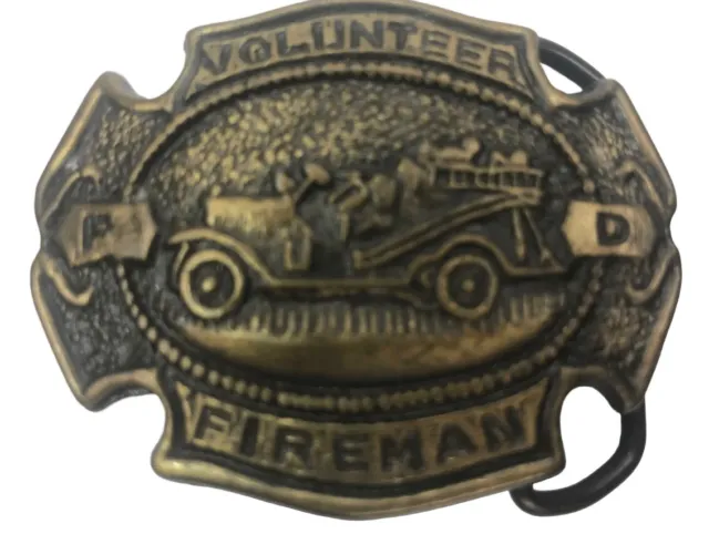 Brass Volunteer Fireman Belt Buckle with antique fire truck