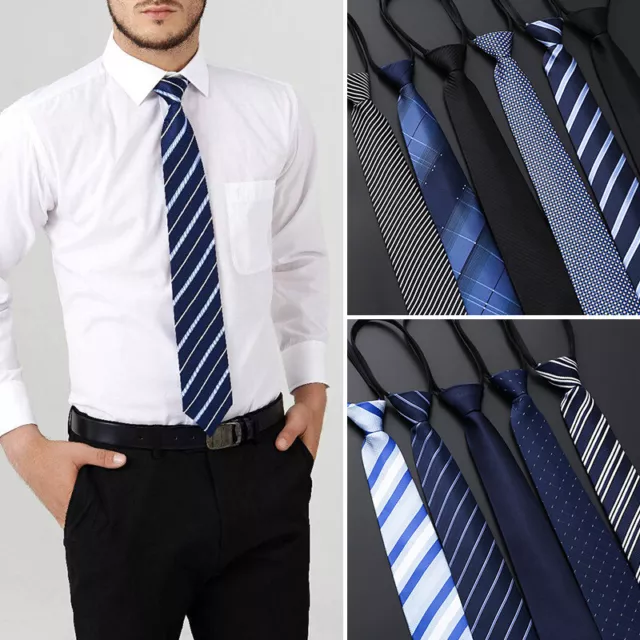 Men Pure Color Ready Knot Pre Tied Formal Zipper Tie Neck Wear Striped Necktie ~