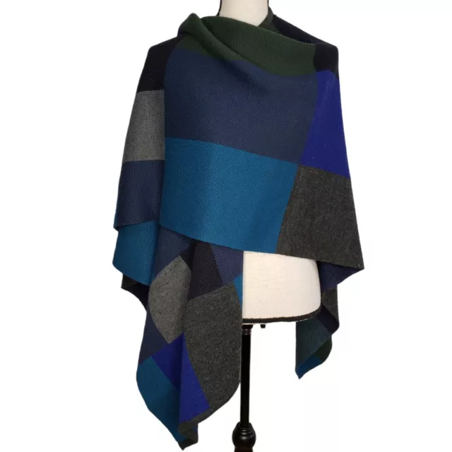 Coldwater Creek Shawl Cape One Size Green Blue Black Colorblock Wrap Wool Blend