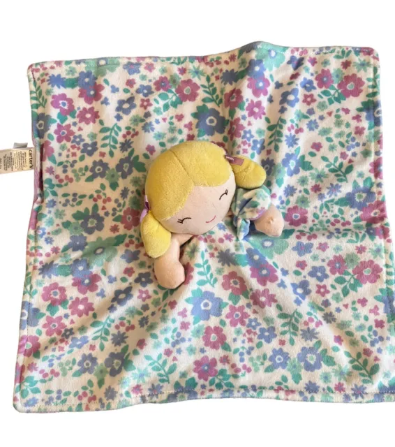 Carters Blond Pigtail Girl Doll Lovey Blue Floral Baby Security Blanket 2016