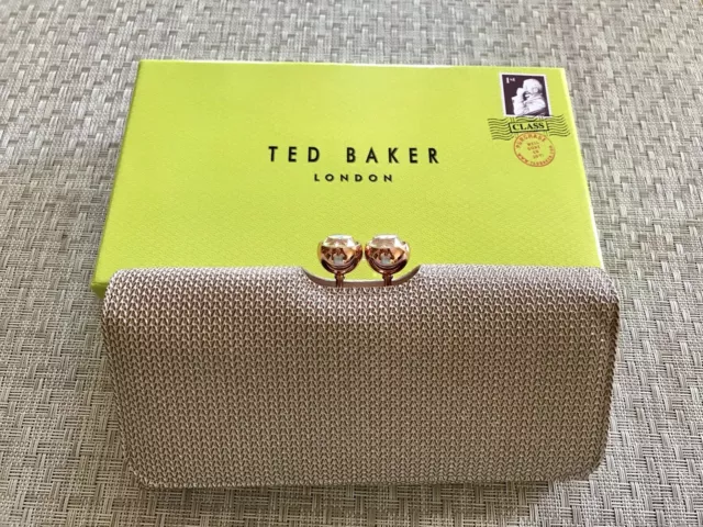 NWT Ted Baker London Bobble Matinee Wallet, Crystal Top Metallic Weave Nude Pink