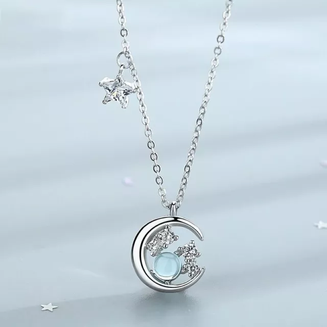 Collar De Luna H Estrella De Piedra Lunar Para Mujer Colgante Mágico Azul Cielo#