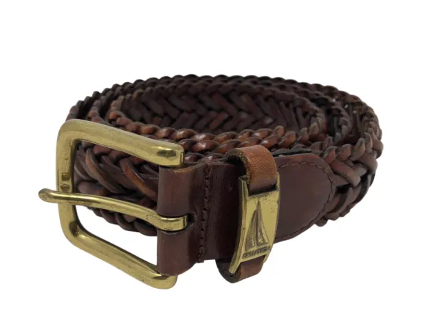Nautica Genuine Leather Belt Brown Woven Braided Size 36 Brass Buckle #93540